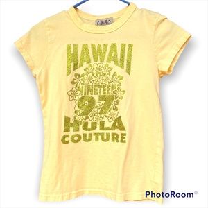 Y2K Vintage Juicy Couture Yellow Glitter Tshirt Hawaii 1997 Hula Couture Graphic